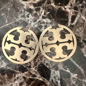 Tory Burch Gold Logo Cutout Round Hoop Earrings